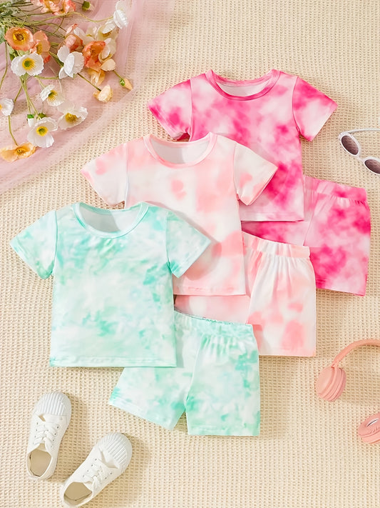 6-Pack Baby Girl Tie-Dye Print Short-Sleeve T-Shirt and Shorts Set – Perfect for Summer Outdoor Camping, Travel, and Vacation Wear – A Wonderful Gift for Your Granddaughter