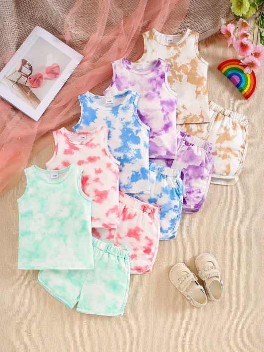 10-Pack Girls' Solid Color Casual Tie-Dye Tank Top and Shorts Set – Lightweight, Soft, and Comfortable Knit Fabric