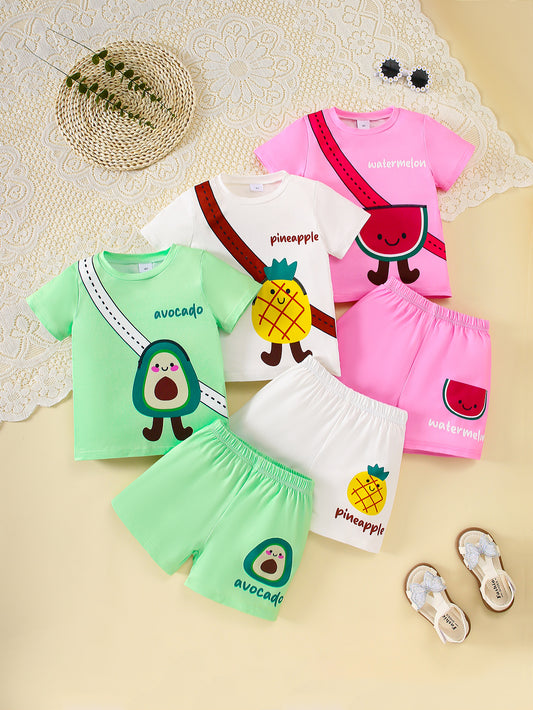 6-Piece Girls' Outfit Set – Green Avocado, White Pineapple, and Pink Watermelon Cartoon Fruit Print Short-Sleeve Tops and Shorts – Casual and Cute, Perfect for Summer Outdoor Wear and a Wonderful Gift for Your Granddaughter