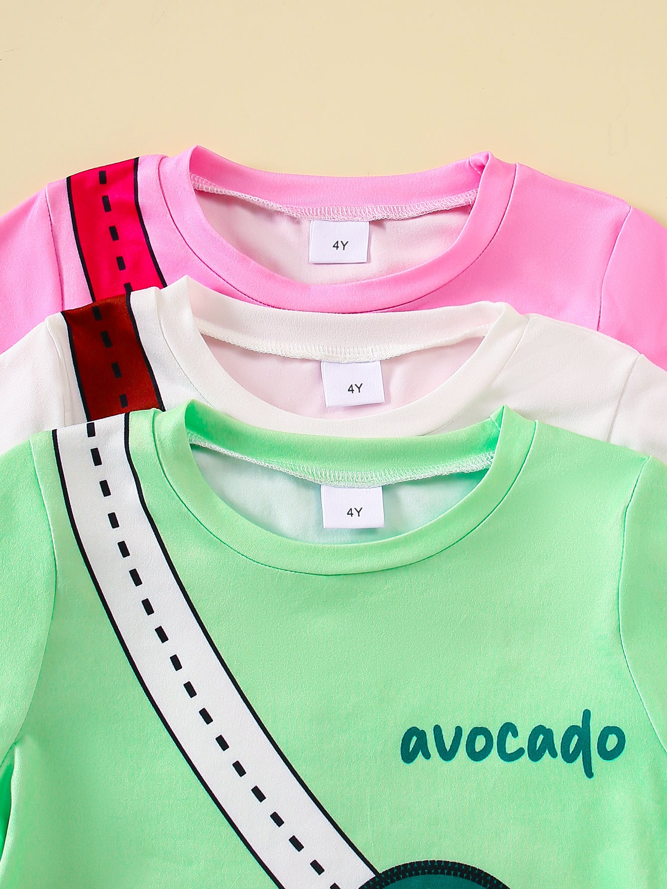 6-Piece Girls' Outfit Set – Green Avocado, White Pineapple, and Pink Watermelon Cartoon Fruit Print Short-Sleeve Tops and Shorts – Casual and Cute, Perfect for Summer Outdoor Wear and a Wonderful Gift for Your Granddaughter