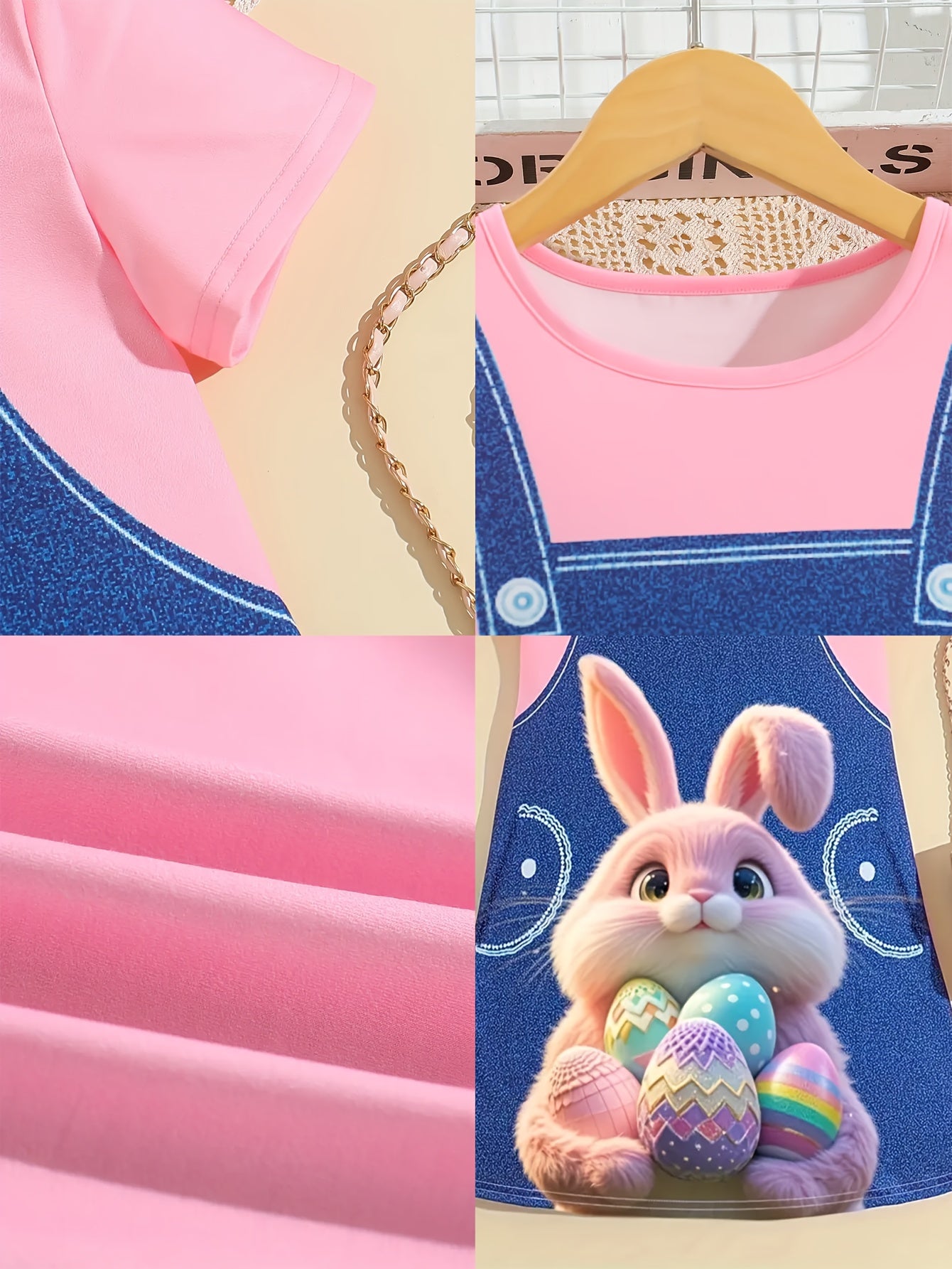 3-Piece Baby Girl Summer Casual Knit Dress Set – Short Sleeve Faux Denim 3D Cat Print Dresses
