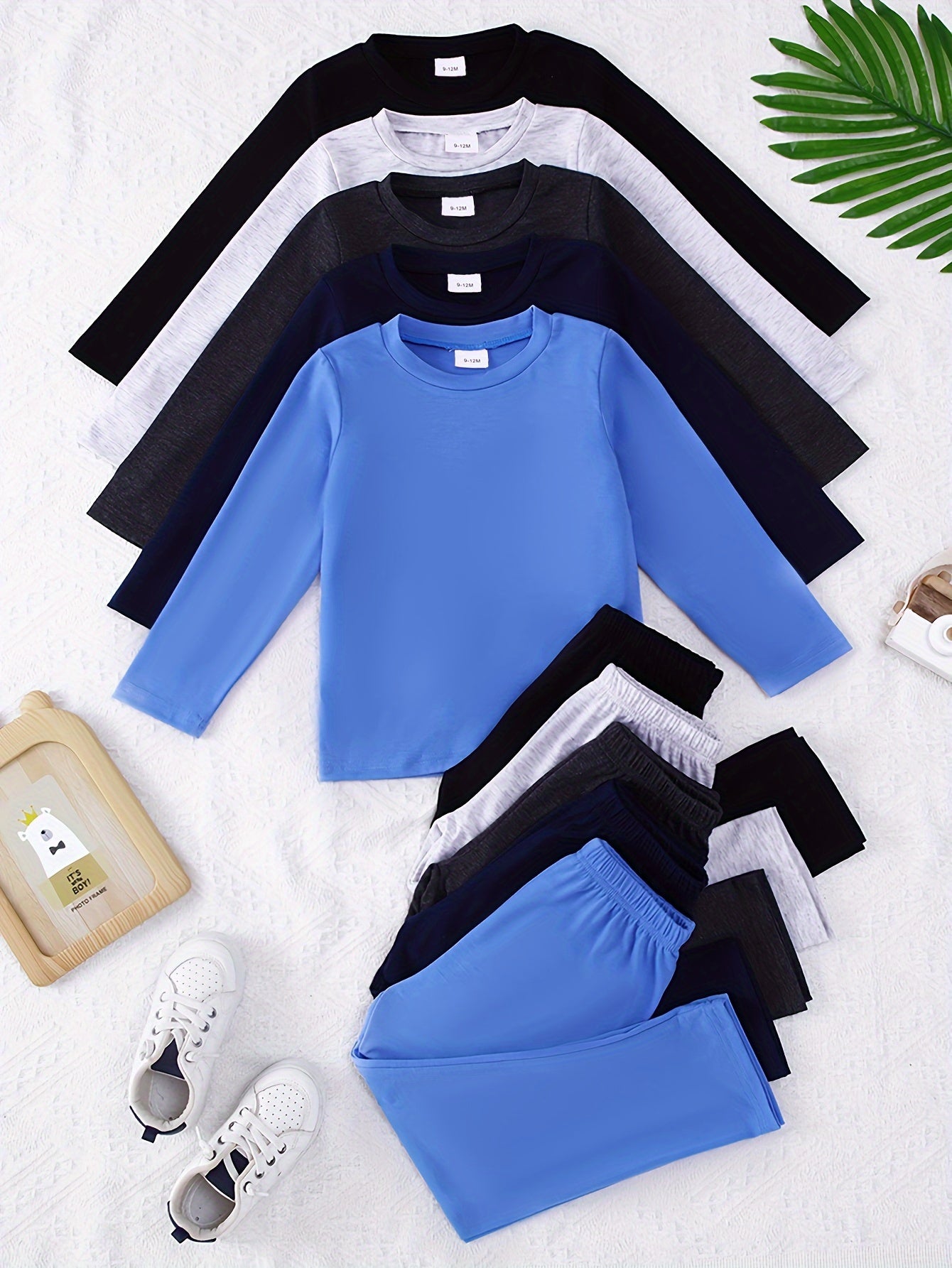 10-Pack Boys' Casual Solid Color Long Sleeve Top and Pants Set – Soft and Comfortable Knit Fabric