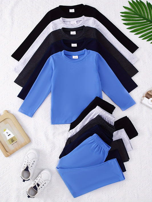 10-Pack Boys' Casual Solid Color Long Sleeve Top and Pants Set – Soft and Comfortable Knit Fabric