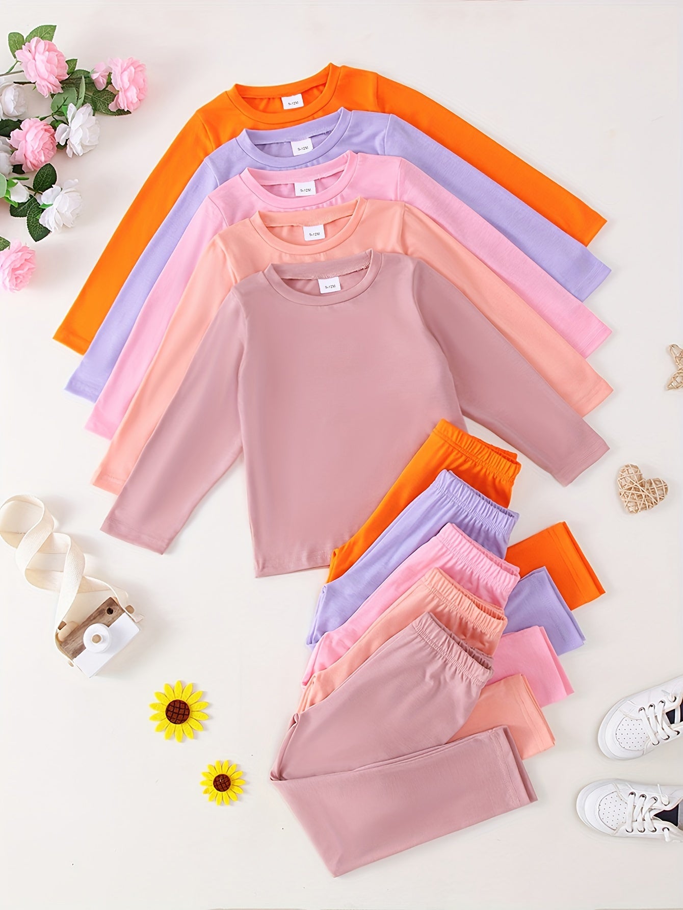 10-Pack Girls' Solid Color Casual Lightweight Soft and Comfortable Knit Long Sleeve T-Shirt and Pants Set