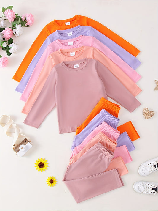 10-Pack Girls' Solid Color Casual Lightweight Soft and Comfortable Knit Long Sleeve T-Shirt and Pants Set