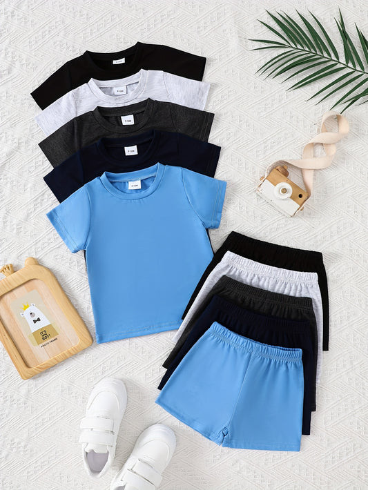10-Piece Boys' Casual Solid Color Short Sleeve and Shorts Set, made from soft and comfortable knit fabric.