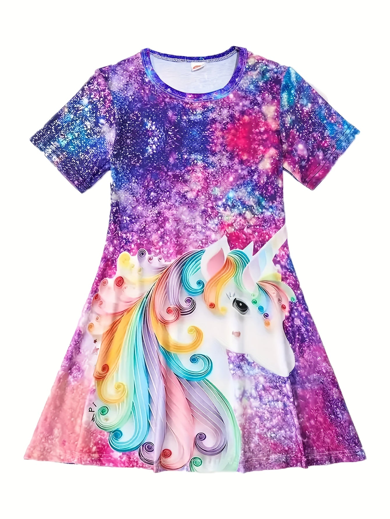 3-Pack Girls' Charming A-Line Dresses – Featuring 3D Unicorn, Starry Night Prints, Vibrant Rainbow Gradients, and Sparkling Accents – Short-Sleeve Casual Cartoon Dresses for Spring/Summer – Stylish and Fun for Kids
