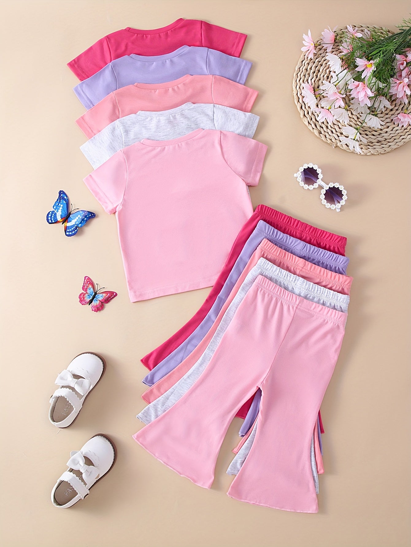 10-Piece Baby Solid Color Basic Short Sleeve Top and Flared Pants Set in Soft and Comfortable Knit Fabric