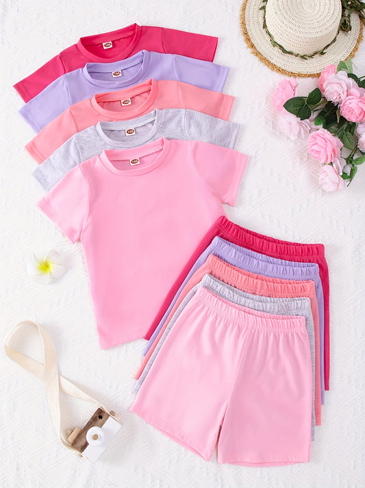 10-Piece Baby Solid Color Knit Short Sleeve Tops and Shorts Set