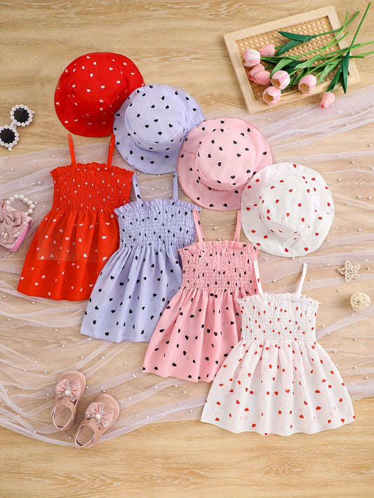 4-Piece Baby Girl Casual Heart Print Woven Sundress and Hat Set – Perfect for Holidays, Birthday Parties, and Outdoor Picnics.