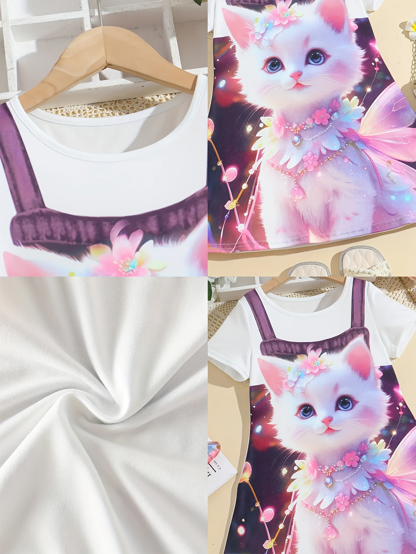 3-Pack Toddler Girls' Summer Casual Short Sleeve Faux Denim 3D Cat Print Knit Dresses