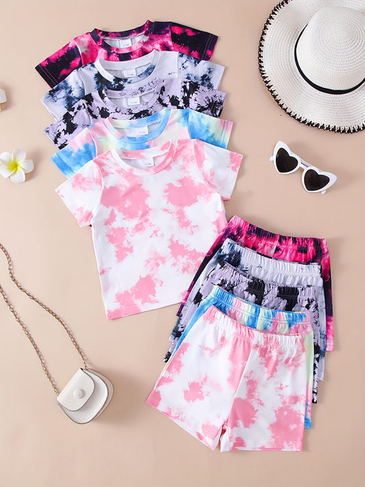 10-Pack Girls' Solid Color & Tie-Dye Casual Short Sleeve and Shorts Set, Lightweight and Soft Knit Fabric, Ideal for Outdoor Sports and Activities.