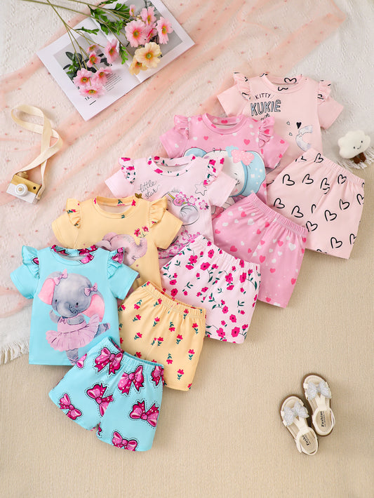 10-Piece Baby Girl Casual Elephant Print Flutter Sleeve Short-Sleeve Top and Shorts Set, made from soft and comfortable knit fabric.