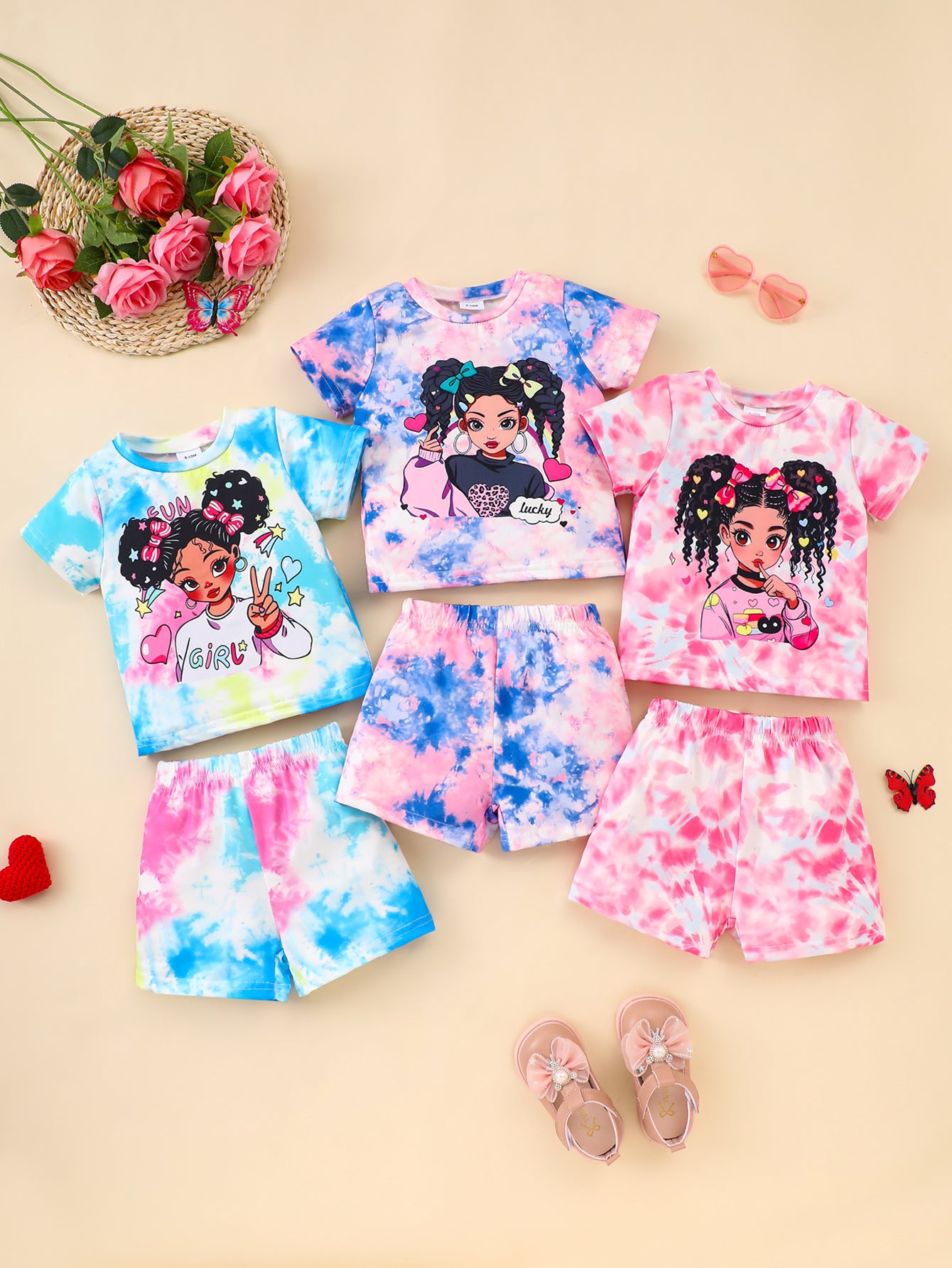 6PCS Baby Girl Short-Sleeve Sets: Whimsical Face Prints & Playful Tie-Dye