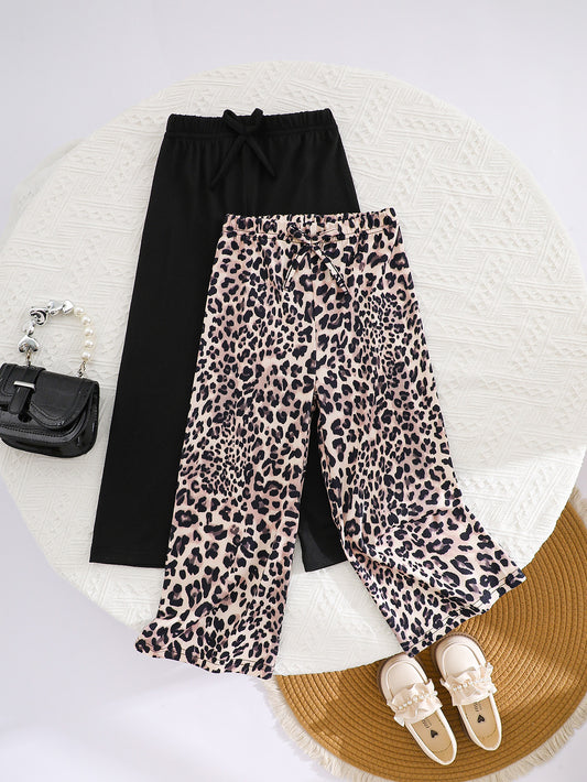 2-Pack Girls' Casual Knit Pants in Solid Black and Leopard Print – Comfortable and Stylish, Perfect for Everyday Wear