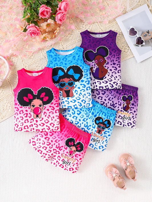 6-Piece Baby Girl Summer Casual Tank Top and Shorts Set with Little Girl and Leopard Print in Hot Pink, Blue, and Purple – Perfect for Everyday Wear.