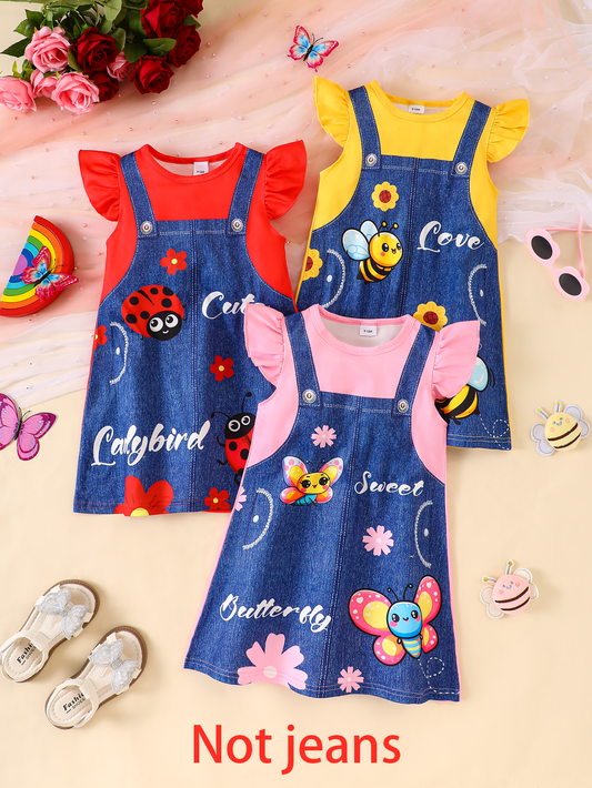 3-Pack Baby Girl Summer Casual Ruffle Sleeve Knit Dresses with Faux Denim 3D Butterfly, Ladybug, and Bee Prints