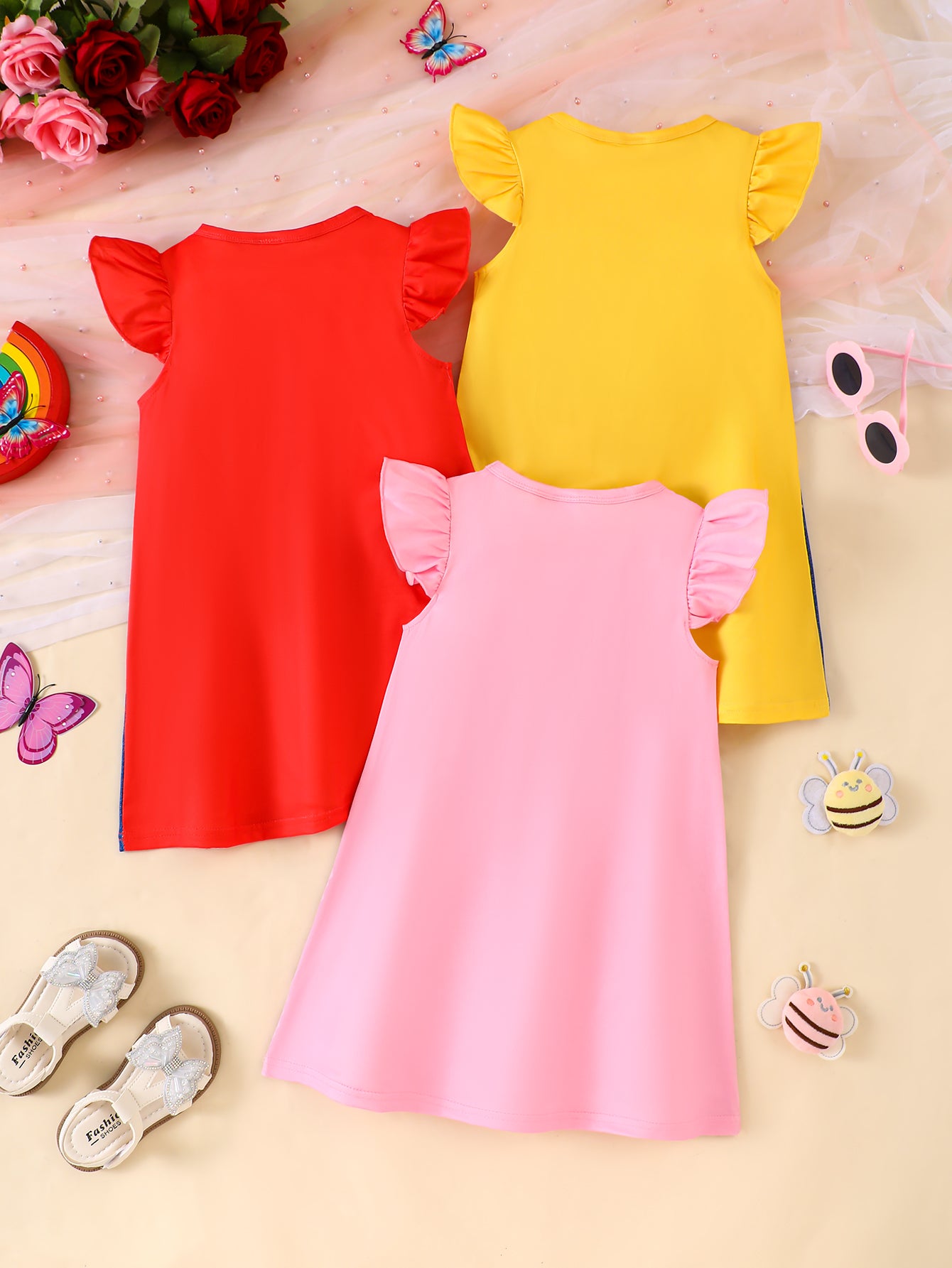 3-Pack Baby Girl Summer Casual Ruffle Sleeve Knit Dresses with Faux Denim 3D Butterfly, Ladybug, and Bee Prints