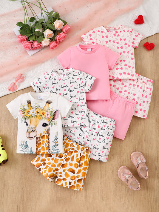 8-Piece Baby Girl Casual Set – Lightweight Soft Knit Giraffe and Heart Print Short Sleeve Tops and Shorts, Perfect for Everyday Outdoor Wear
