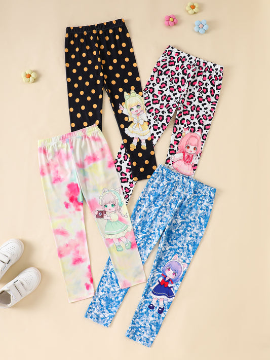 4-Pack Girls' Casual Knit Leggings – Polka Dot, Tie-Dye, Leopard, and Girl Print Designs – Soft and Comfortable Fabric, Perfect for Everyday Wear