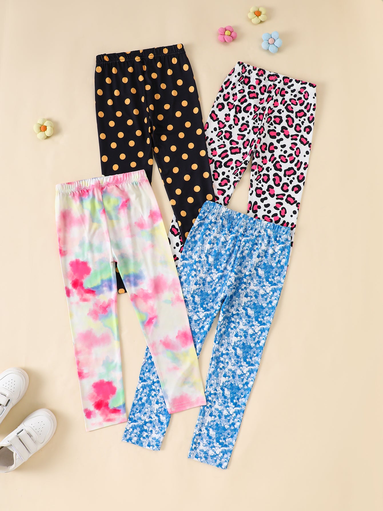 4-Pack Girls' Casual Knit Leggings – Polka Dot, Tie-Dye, Leopard, and Girl Print Designs – Soft and Comfortable Fabric, Perfect for Everyday Wear