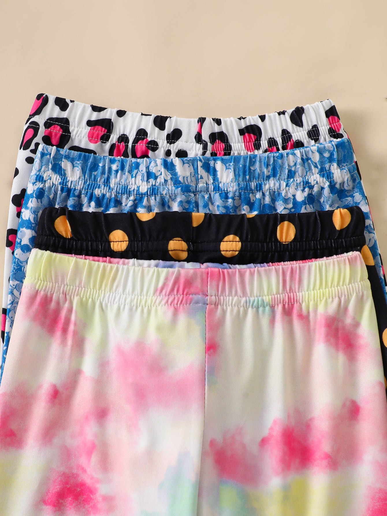 4-Pack Girls' Casual Knit Leggings – Polka Dot, Tie-Dye, Leopard, and Girl Print Designs – Soft and Comfortable Fabric, Perfect for Everyday Wear