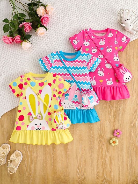 3-Pack Baby Girl Outfit Set – Polka Dot and Bunny Print Dresses with Crossbody Bag – Perfect for Everyday Outings and a Wonderful Gift for Your Granddaughter