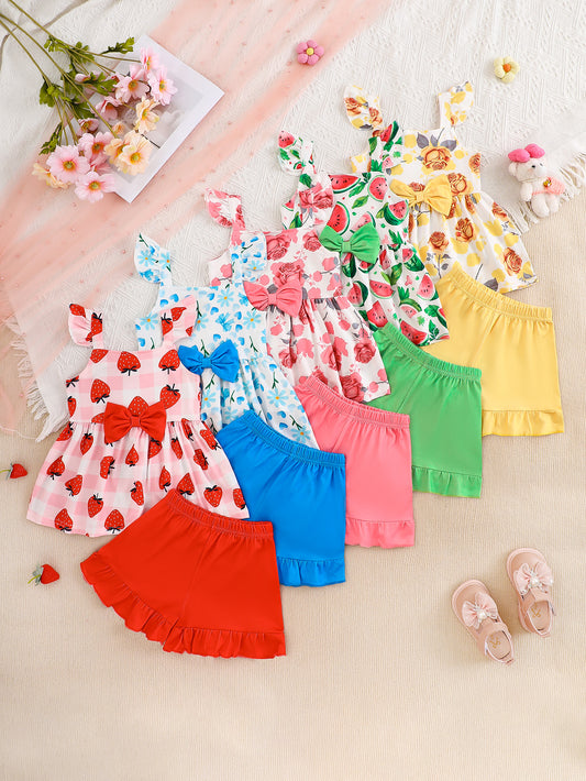 10-Pack Baby Girl Casual Summer Outfit Set – Sleeveless Tops and Shorts with Strawberry, Heart & Bow, Rose, and Watermelon Prints in Soft Knit Fabric