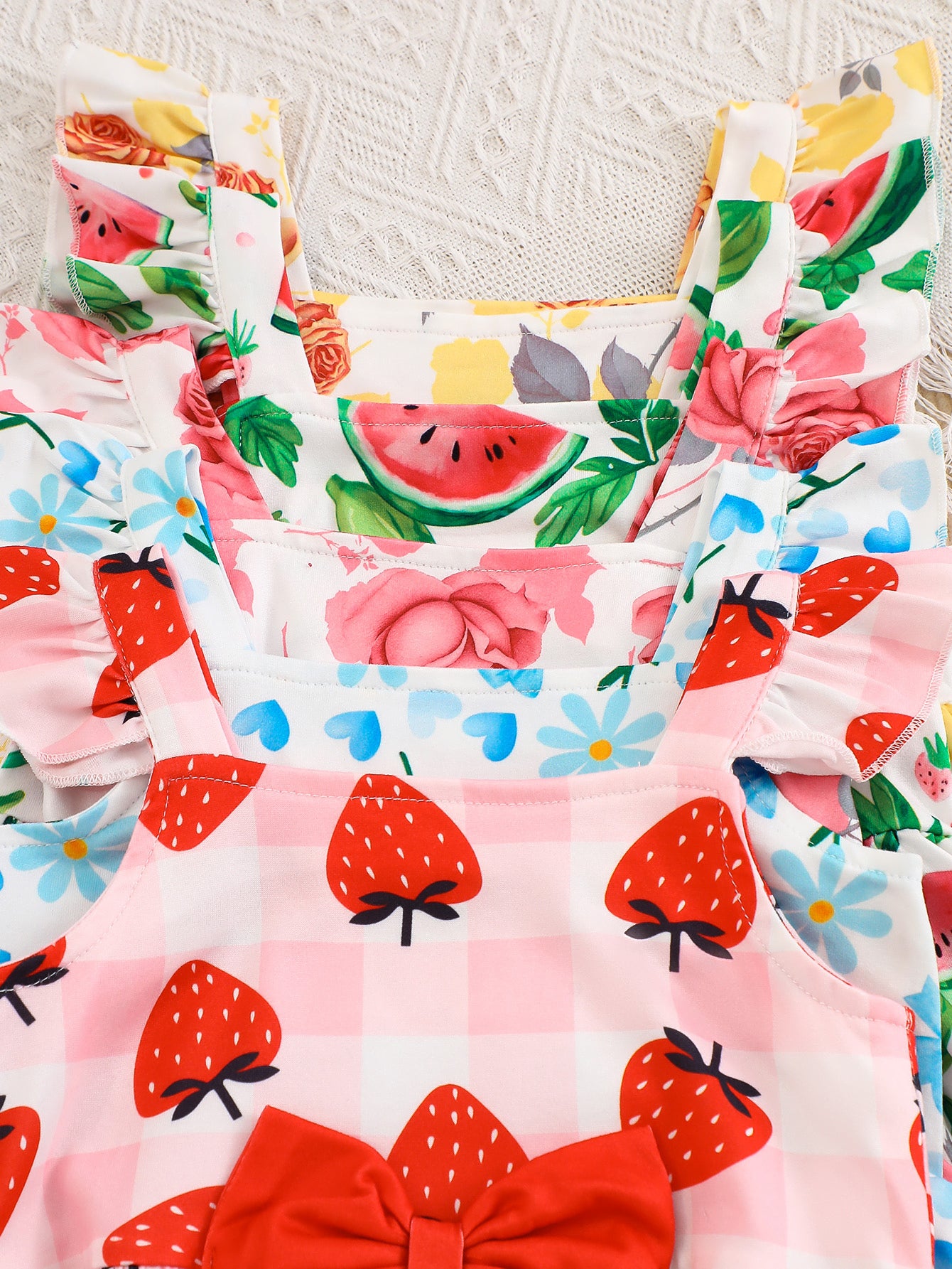10-Pack Baby Girl Casual Summer Outfit Set – Sleeveless Tops and Shorts with Strawberry, Heart & Bow, Rose, and Watermelon Prints in Soft Knit Fabric