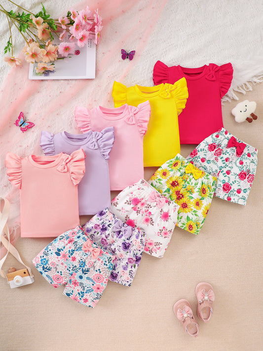 10-Pack Baby Girl Casual Outfits – Purple, Pink, Red Rose and Yellow Sunflower Print Flutter Sleeve Bow Tops and Shorts in Soft Ribbed Knit Fabric