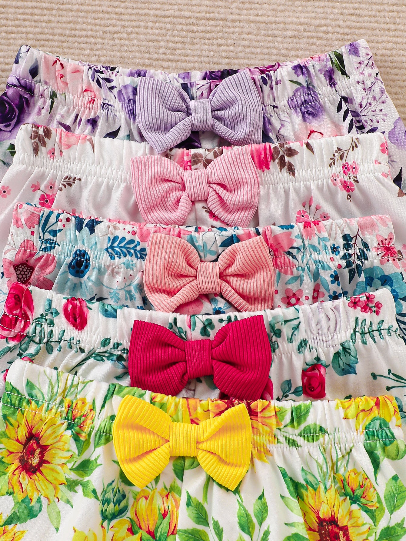 10-Pack Baby Girl Casual Outfits – Purple, Pink, Red Rose and Yellow Sunflower Print Flutter Sleeve Bow Tops and Shorts in Soft Ribbed Knit Fabric