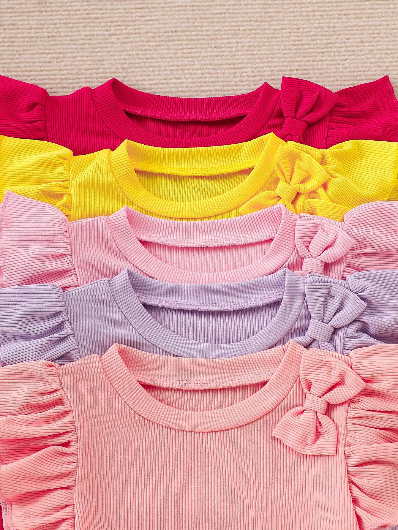 10-Pack Baby Girl Casual Outfits – Purple, Pink, Red Rose and Yellow Sunflower Print Flutter Sleeve Bow Tops and Shorts in Soft Ribbed Knit Fabric
