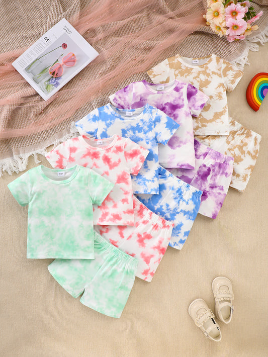 10-Pack Girls' Solid Color Casual Tie-Dye T-Shirt and Shorts Set – Lightweight, Soft Knit Fabric for Outdoor Sports