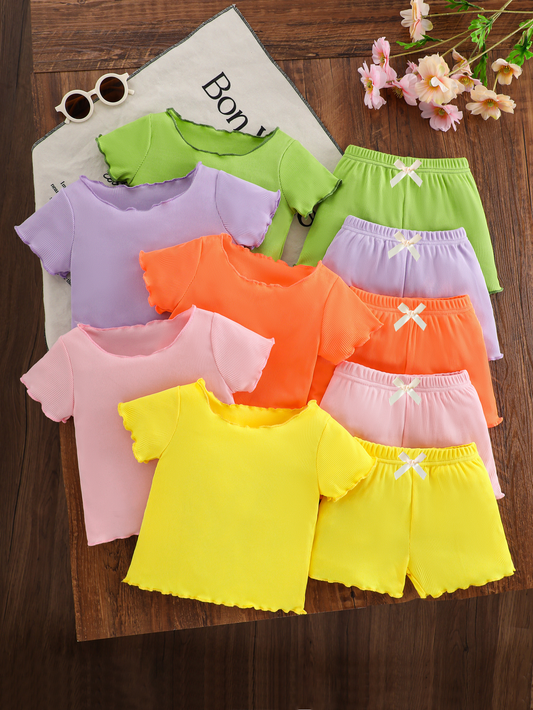 10-Pack Baby Girl Outfit Set – Ribbed Short-Sleeve Tops and Shorts in Yellow, Pink, Purple, Green, and Orange – Perfect for Everyday Outdoor Wear and a Wonderful Gift for Your Daughter or Granddaughter