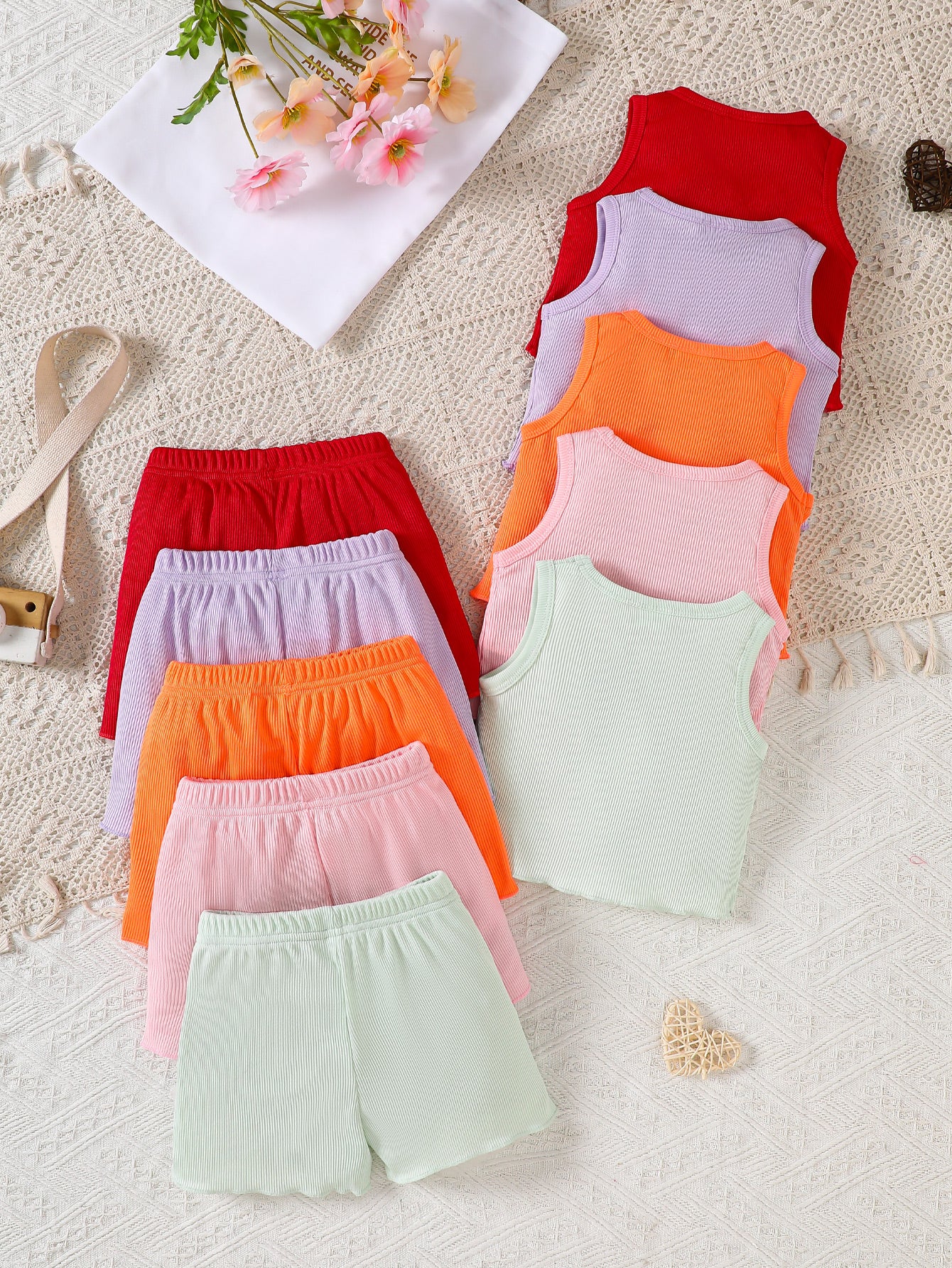10-Piece Baby Girl Ice Silk Ribbed Solid Color Soft and Comfortable Tank Top and Shorts Set