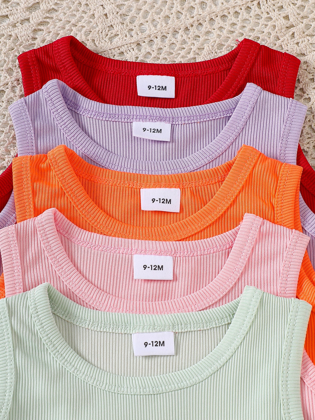 10-Piece Baby Girl Ice Silk Ribbed Solid Color Soft and Comfortable Tank Top and Shorts Set