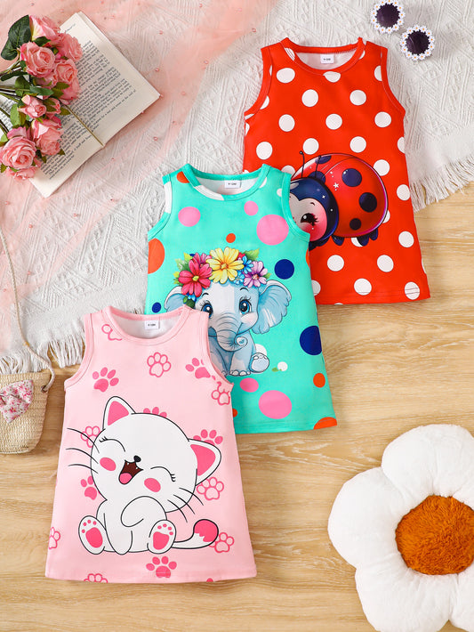 3-Piece Set Girl's Sleeveless Casual Dresses – Pink Cat & Paw Print, Green Polka Dot Elephant & Flower, Red Polka Dot Ladybug – Perfect for Holidays and Outdoor Play.