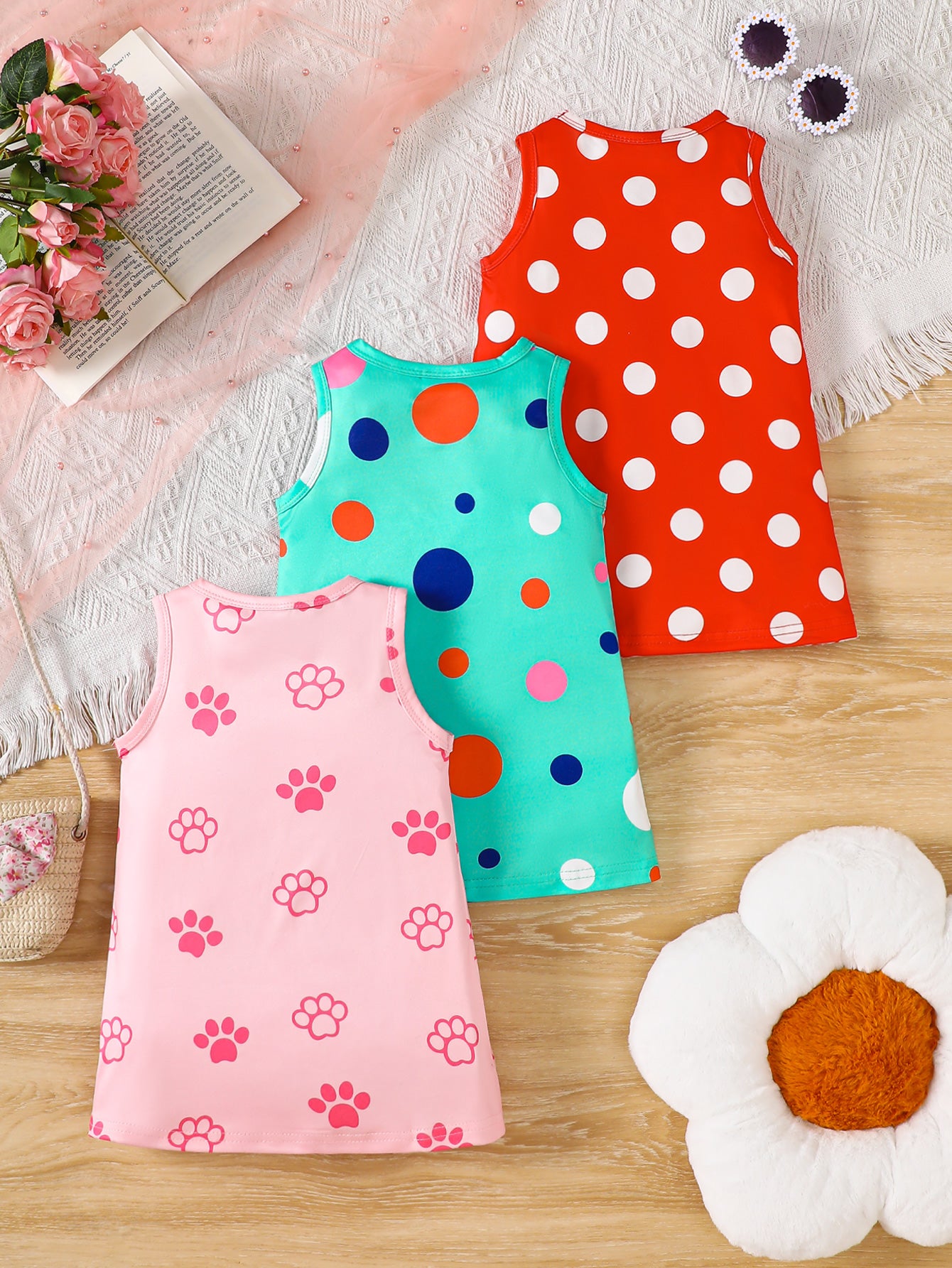 3-Piece Set Girl's Sleeveless Casual Dresses – Pink Cat & Paw Print, Green Polka Dot Elephant & Flower, Red Polka Dot Ladybug – Perfect for Holidays and Outdoor Play.