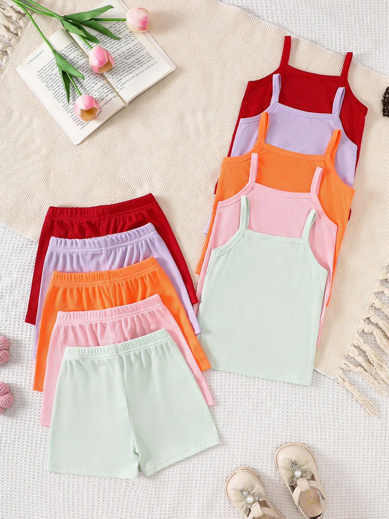 10-Piece Baby Girl Solid Color Ribbed Ice Silk Tank Top and Shorts Set, Soft and Comfortable