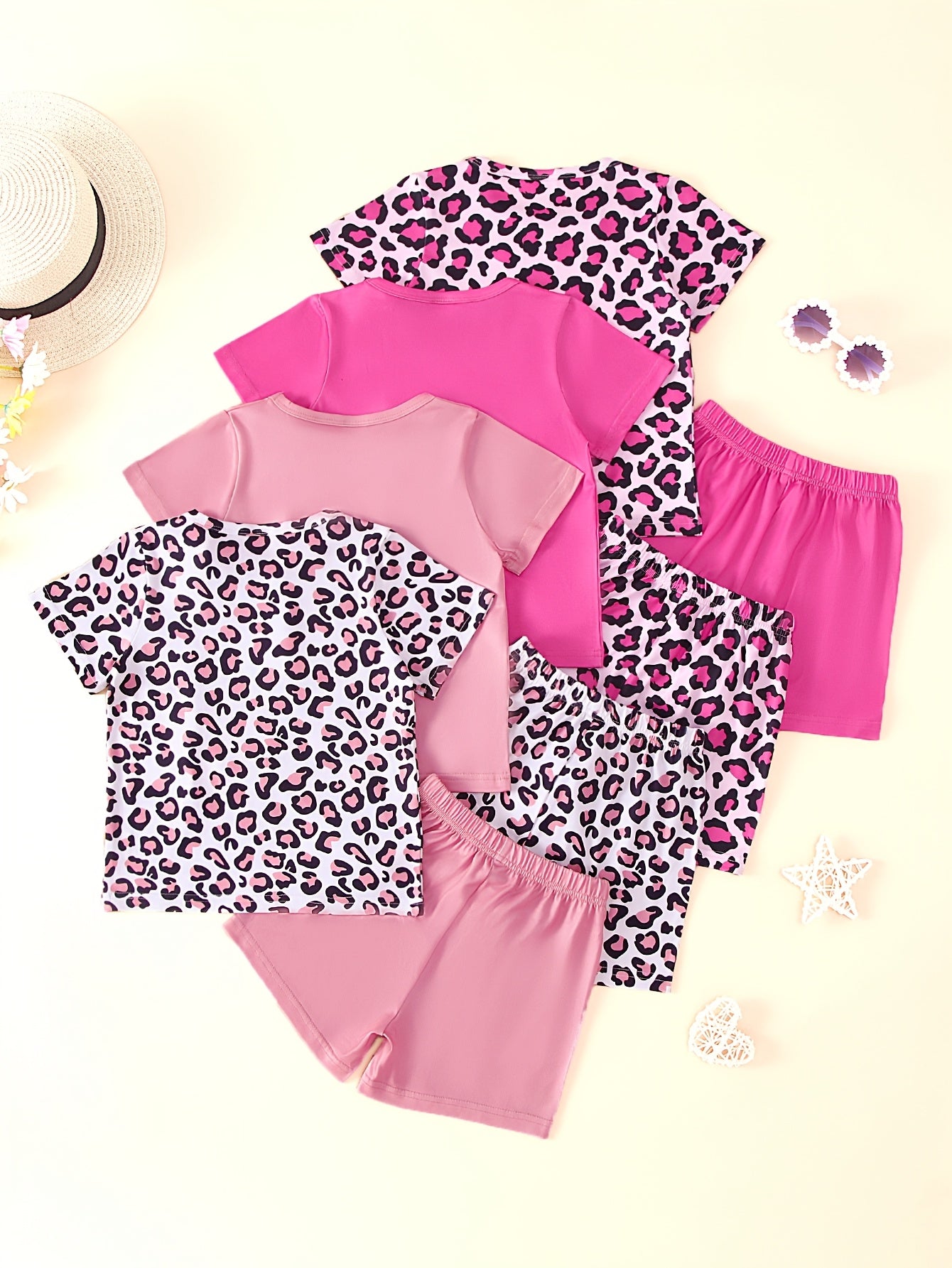 8-Pack Girls' Leopard Print Short Sleeve Top and Shorts Set, featuring a casual and stylish design perfect for outdoor activities in spring and summer.