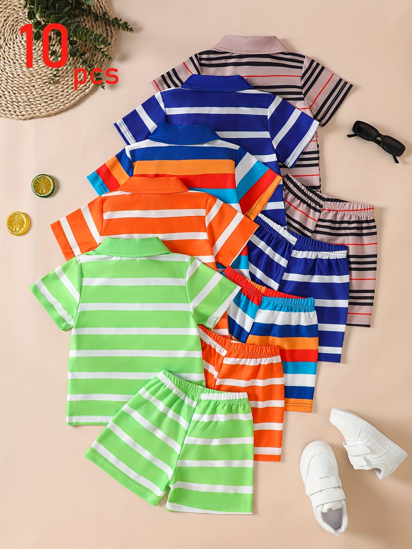 10-Piece Boys' Preppy Urban Style Outfit Set – Striped Short-Sleeve T-Shirts and Shorts – Casual and Trendy Summer Clothing Perfect for Outdoor Camping, Travel, Sports, Fishing, and Basketball.