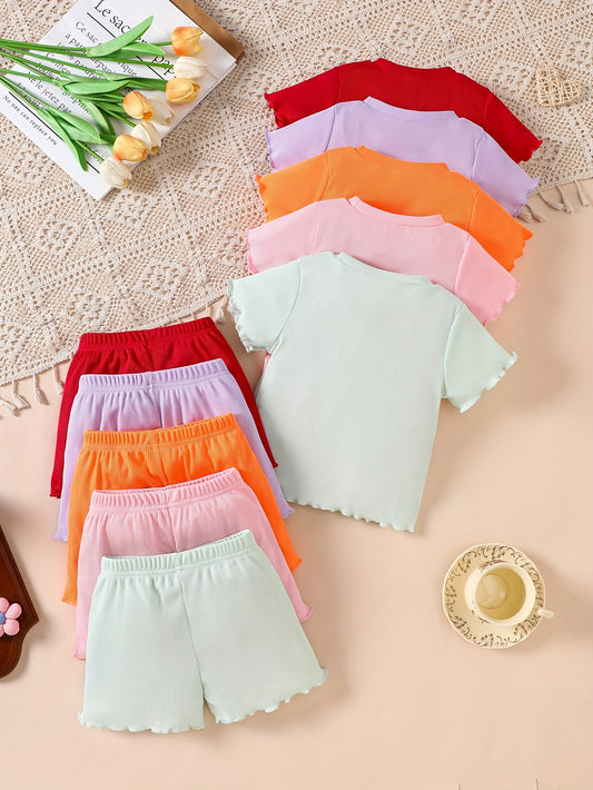 10-Piece Baby Girl Ice Silk Ribbed Solid Color Short Sleeve and Shorts Set, Soft and Comfortable.