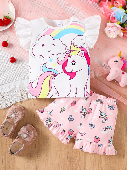 Cute Unicorn Print Sleeveless Top and Shorts – Casual Outfit for Toddler and Baby Girls, Perfect for Everyday Wear, Holidays, Parties, and Outdoor Activities.