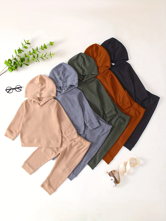 10-Piece Boys’ Solid Color Casual Waffle Knit Hoodie and Pants Set, Soft and Comfortable