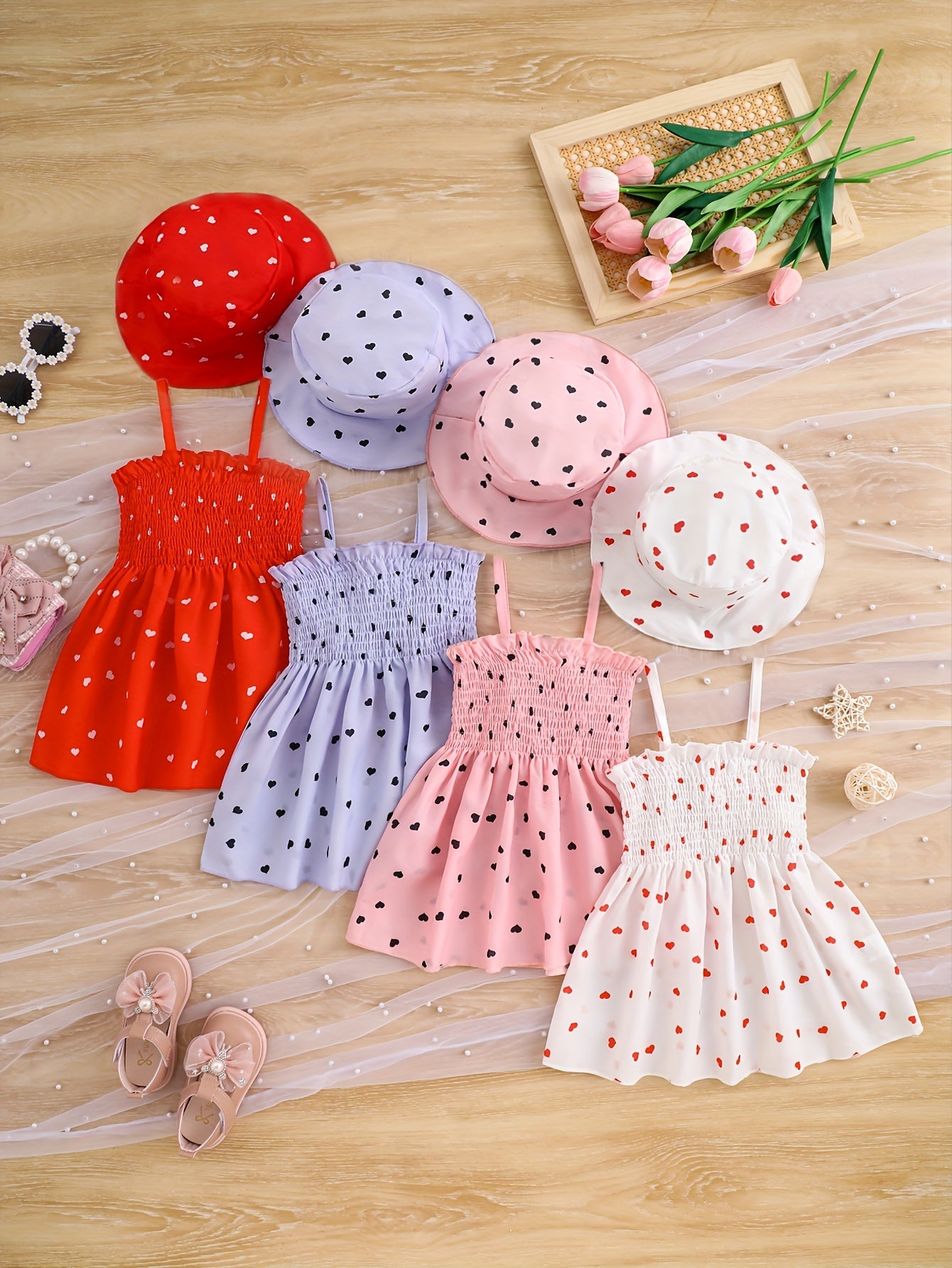 4-Piece Baby Girl Casual Heart Print Woven Sundress and Hat Set – Perfect for Holidays, Birthday Parties, and Outdoor Picnics.