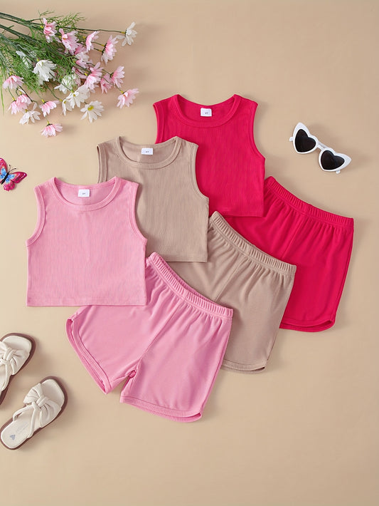 6-Pack Solid Color Ribbed Short Sleeve Top and Shorts Set for Girls