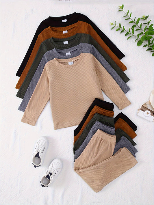 10-Piece Boys' Solid Color Casual Waffle Knit Long Sleeve Top and Pants Set, Soft and Comfortable