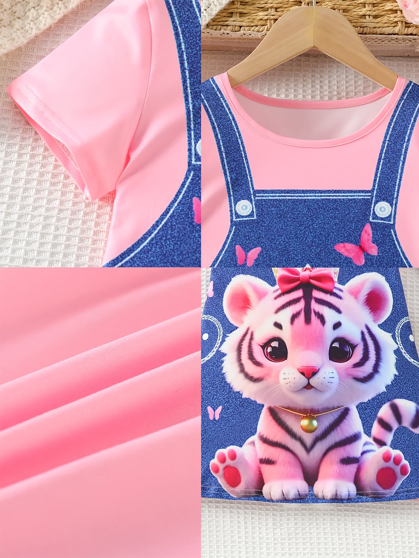 3-Piece Baby Girl Summer Casual Knit Dress Set – Short Sleeve Faux Denim 3D Cat Print Dresses