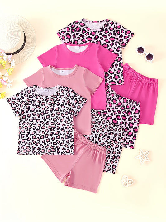 8-Pack Girls' Leopard Print Short Sleeve Top and Shorts Set, featuring a casual and stylish design perfect for outdoor activities in spring and summer.