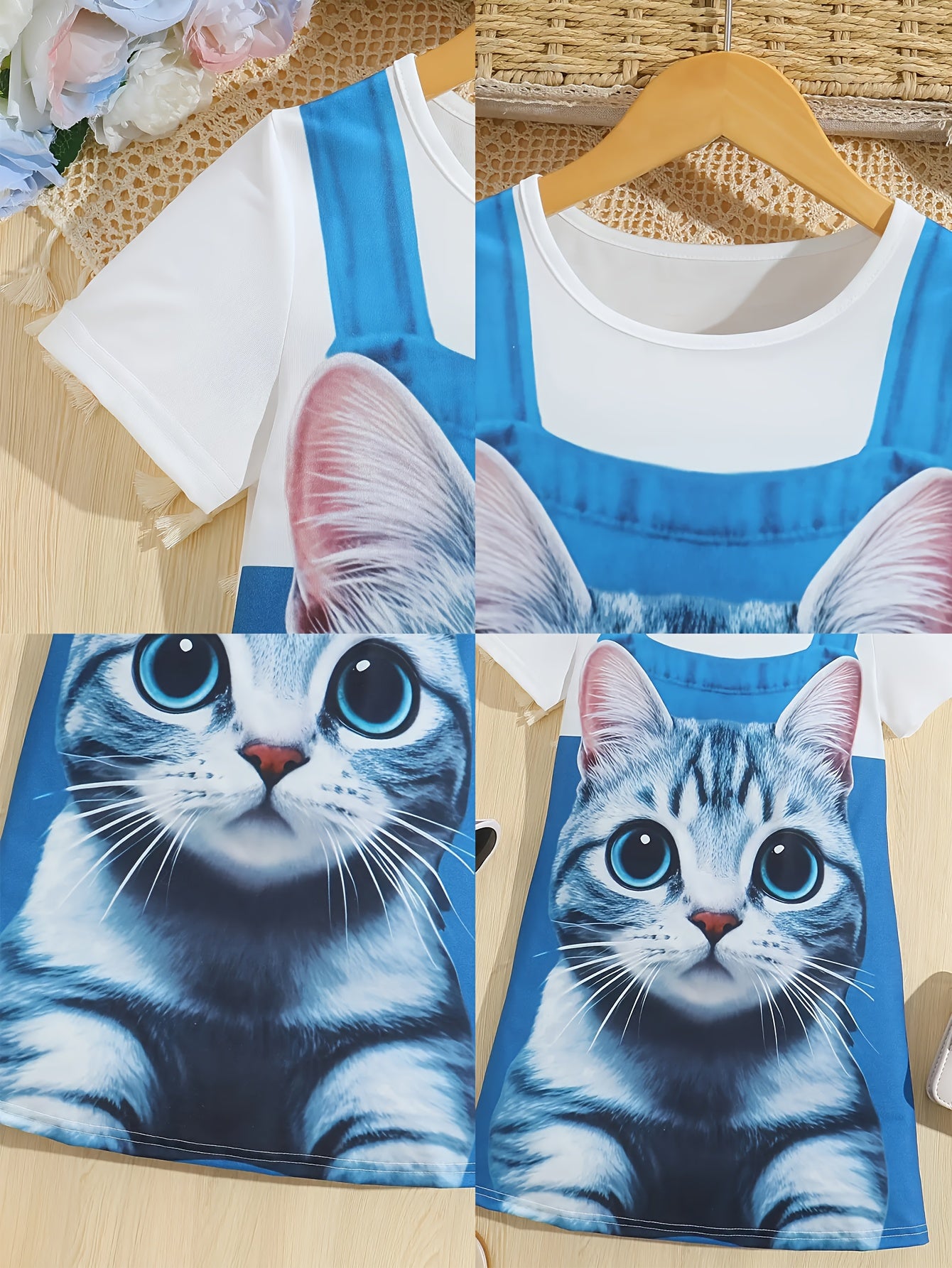 3-Pack Toddler Girls' Summer Casual Faux Denim 3D Cat Print Short Sleeve Knit Dresses